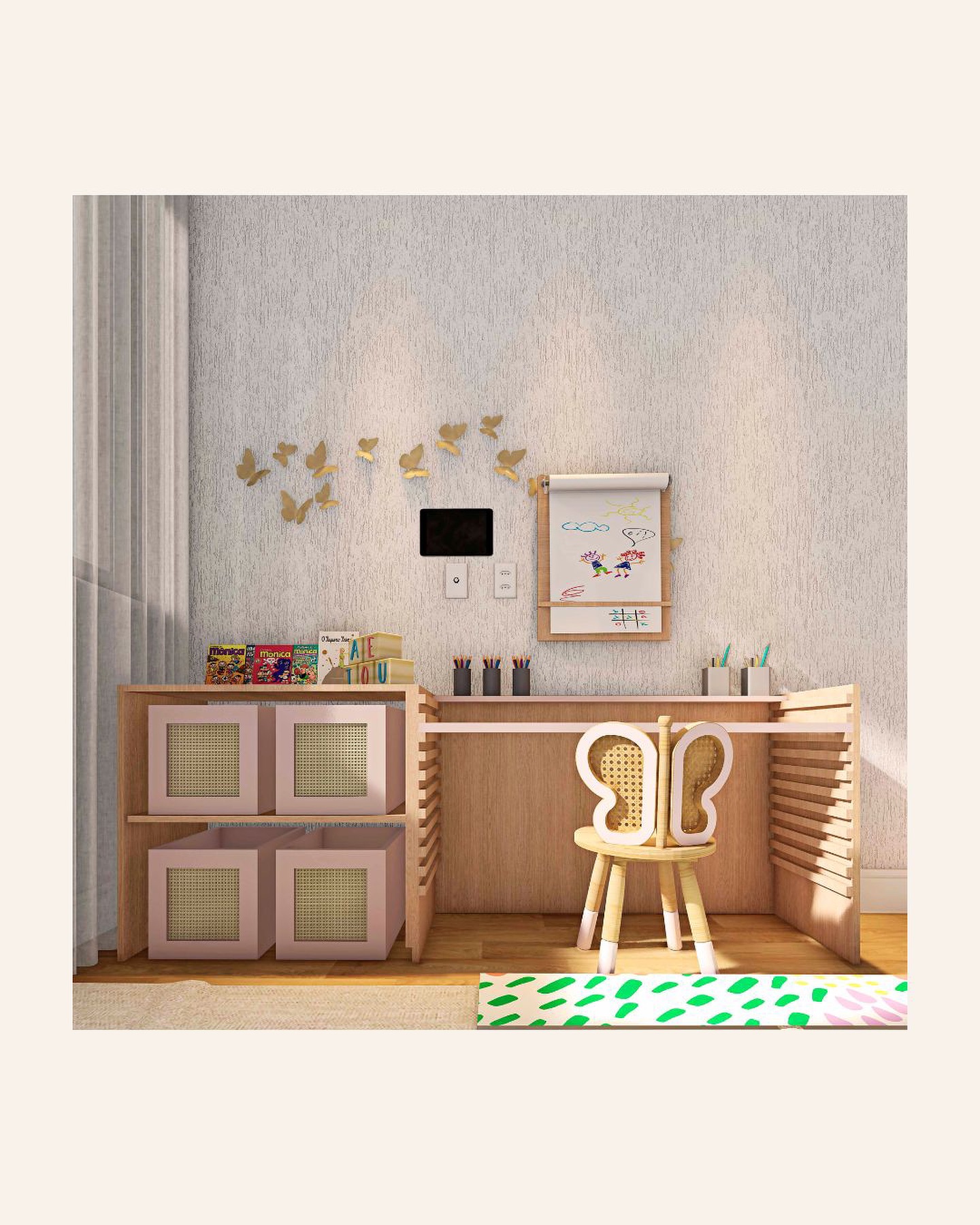 Quarto infantil lúdico com marcenaria em madeira e palhinha