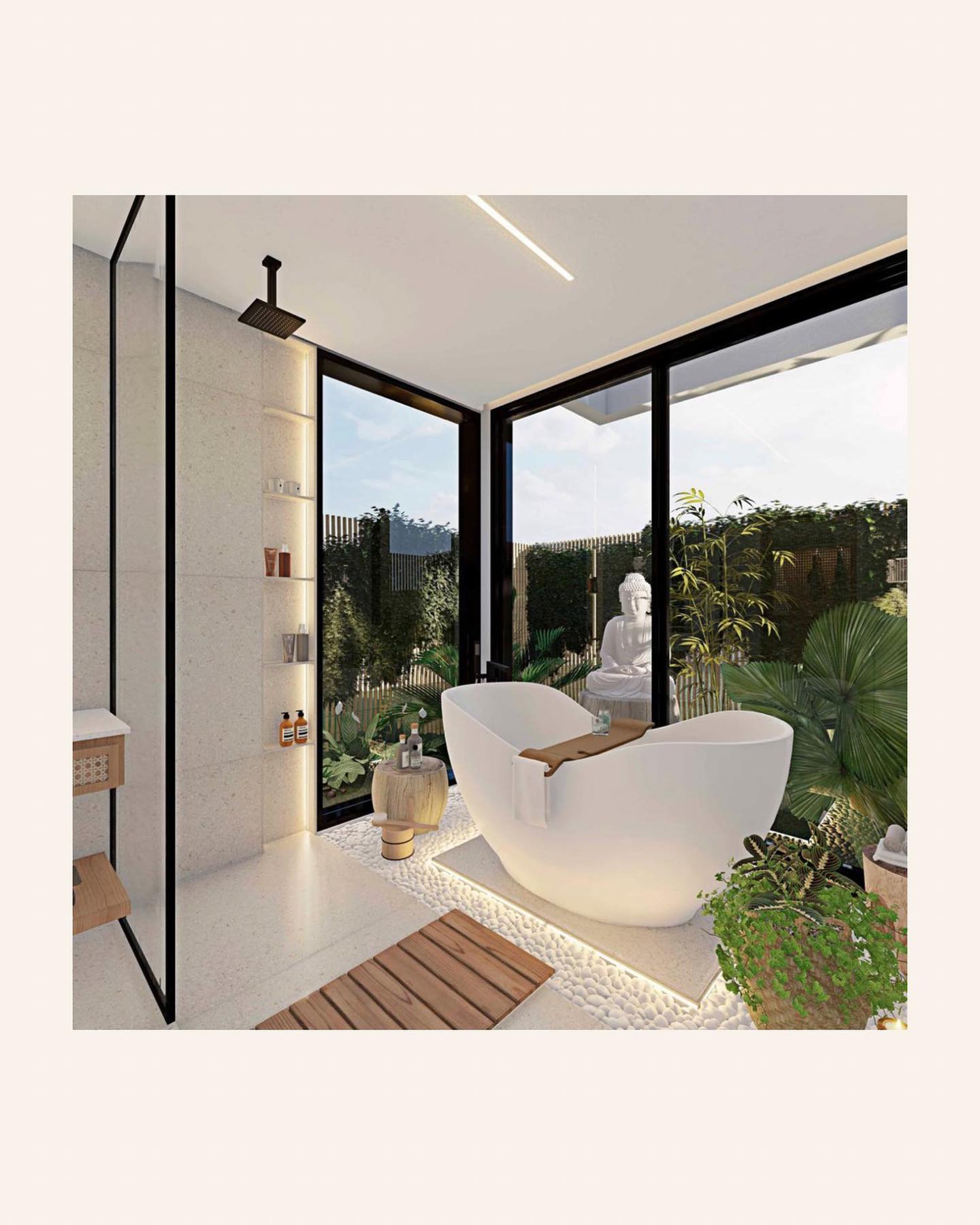 Banheiro-spa integrado ao jardim, com banheira e vista para o verde